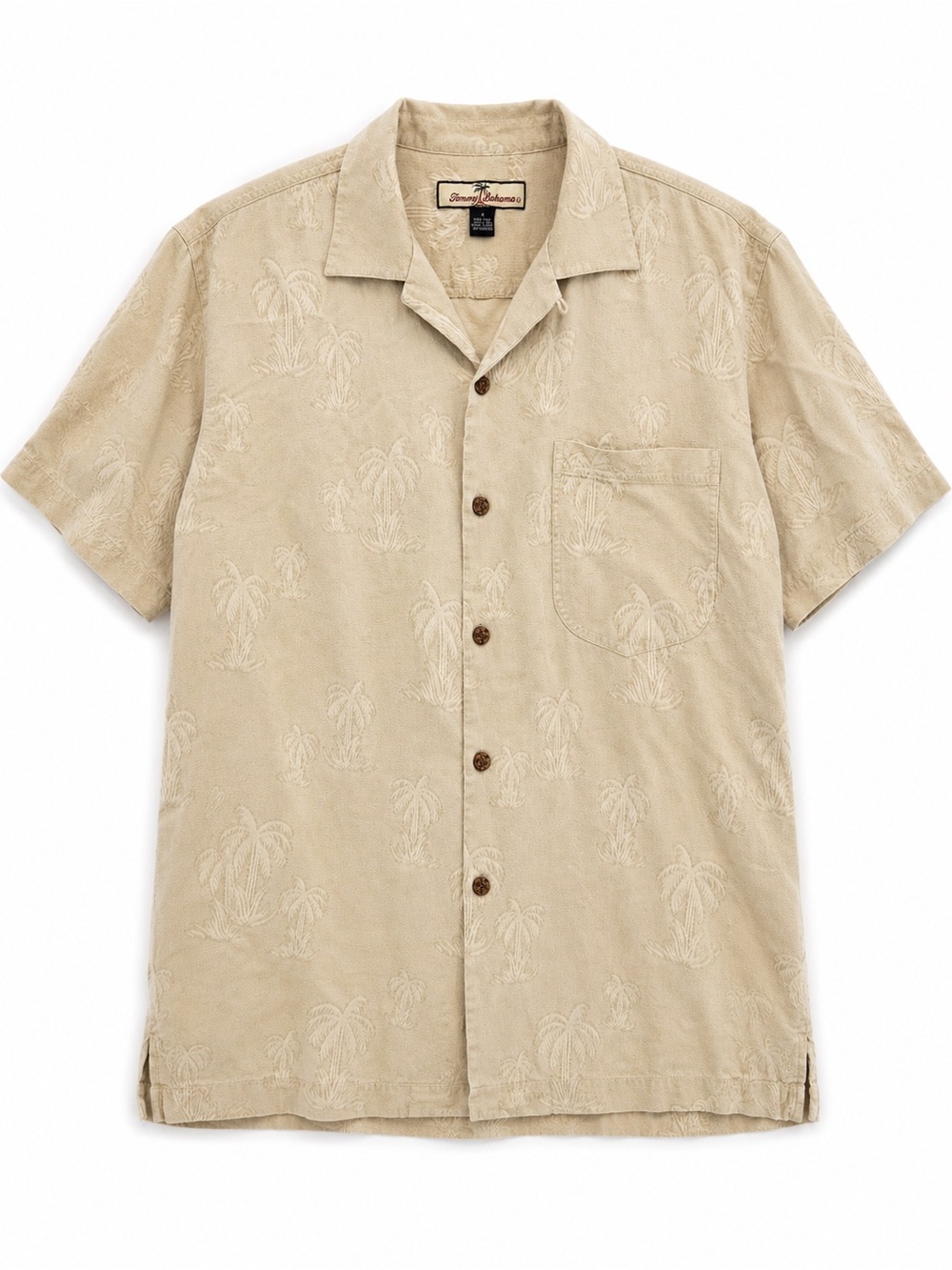 Tommy Bahama 100% Silk Medium Beige Palm Tree Jacquard‎ Short Sleeve Button Up